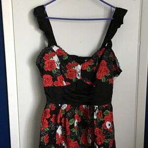 Hot Topic Black Dress with Red Rose Print and Green Leaves